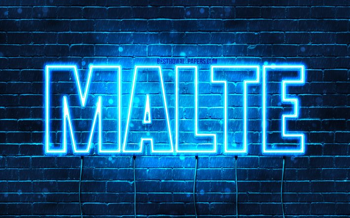 Maalattu, 4k, taustakuvia nimet, vaakasuuntainen teksti, Maalattu nimi, Hyv&#228;&#228; Syntym&#228;p&#228;iv&#228;&#228; Malte, suosittu saksalainen uros nimet, blue neon valot, kuva Malte nimi