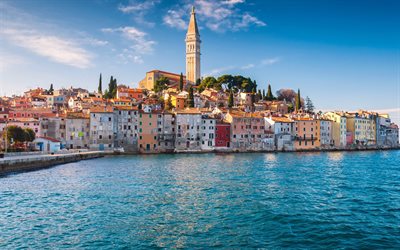 Rovinj, paisagens de cidade, costa, Cro&#225;cia, ver&#227;o, mar, Europa, cidades croatas, Istria