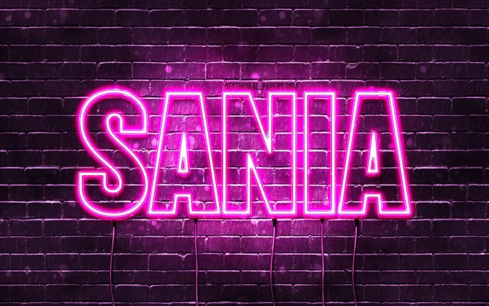 Sania, 4k, fonds d&#39;&#233;cran avec des noms, noms f&#233;minins, nom Sania, n&#233;ons violets, joyeux anniversaire Sania, noms f&#233;minins arabes populaires, photo avec nom Sania