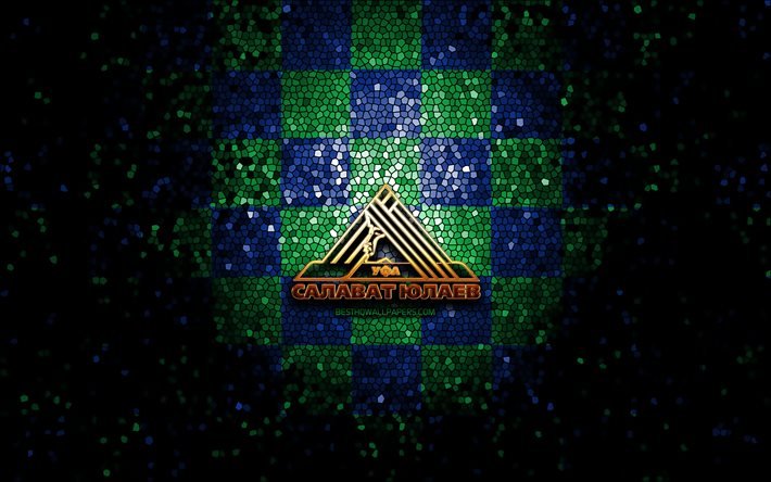 HC Salavat Yulaev, glitter logo, KHL, blue green checkered background, hockey, Kontinental Hockey League, HC Salavat Yulaev logo, mosaic art, russian hockey team