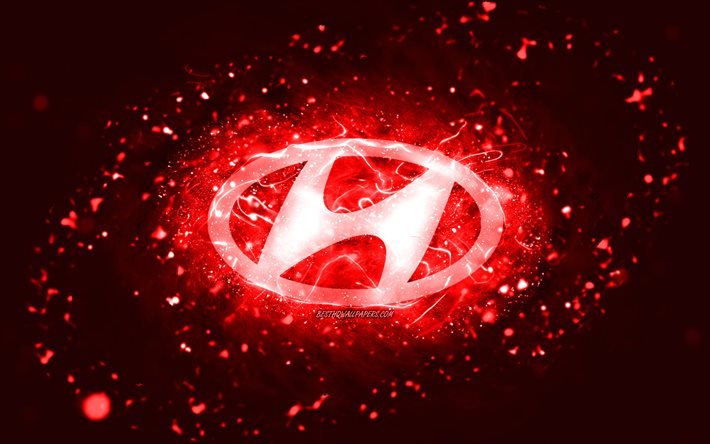 Logo rouge Hyundai, 4k, n&#233;ons rouges, cr&#233;atif, fond abstrait rouge, logo Hyundai, marques de voitures, Hyundai