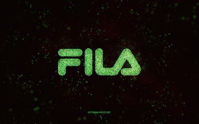Fila glitter logo, 4k, black background, Fila logo, green glitter art, Fila, creative art, Fila green glitter logo