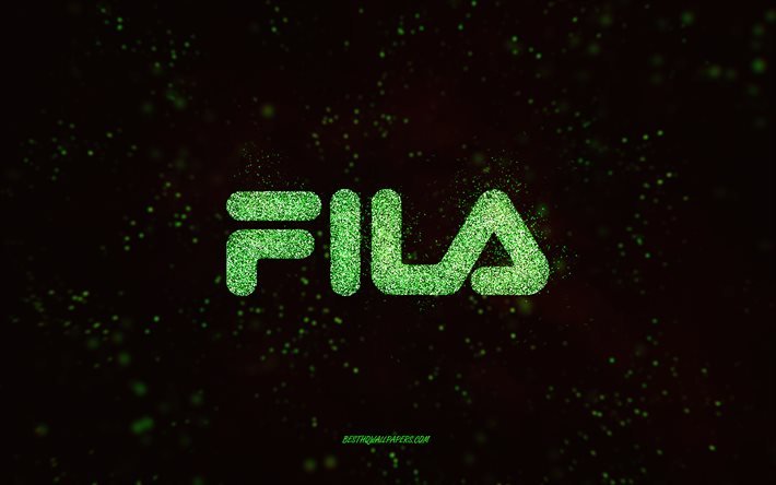 Fila glitter-logo, 4k, musta tausta, Fila-logo, vihre&#228; kimallustaide, Fila, luovaa taidetta, Fila green glitter-logo