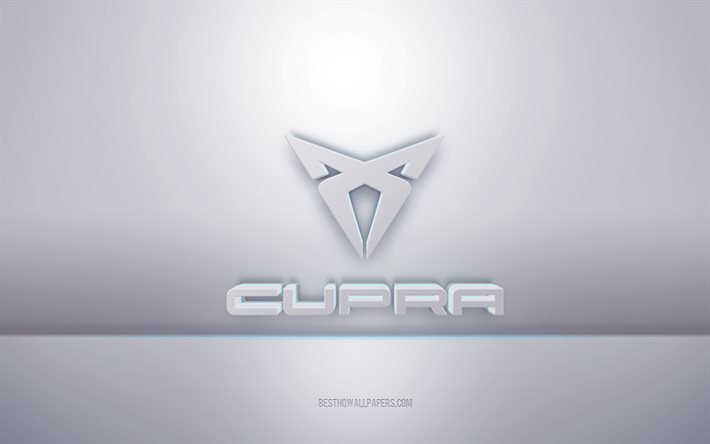 كوبرا شعار أبيض ثلاثي الأبعاد, خلفية رمادية, شعار Cupra, الفن الإبداعي 3D, كوبرا, 3d شعار