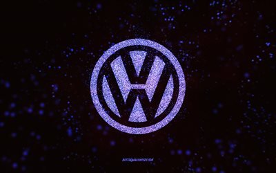 Volkswagen glitter logo, 4k, black background, Volkswagen logo, purple glitter art, Volkswagen, creative art, Volkswagen purple glitter logo