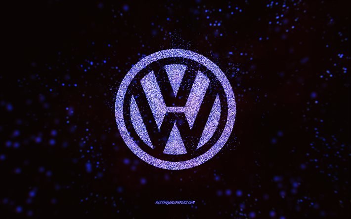 Volkswagen glitter-logo, 4k, musta tausta, Volkswagen-logo, violetti kimallustaide, Volkswagen, creative art, Volkswagen violetti kimallus-logo