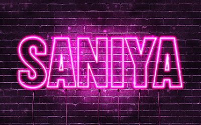 saniya, 4k, hintergrundbilder mit namen, weiblichen namen, saniya-name, lila neonlichter, happy birthday saniya, beliebte arabische frauennamen, bild mit saniya-namen