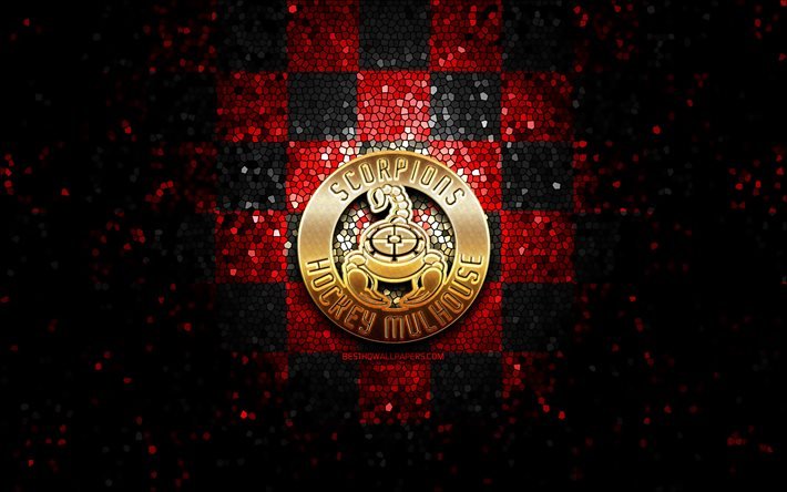 Scorpions Hockey Mulhouse, glitter logo, Ligue Magnus, red black checkered background, hockey, french hockey team, Scorpions Hockey Mulhouse logo, mosaic art, french hockey league, France