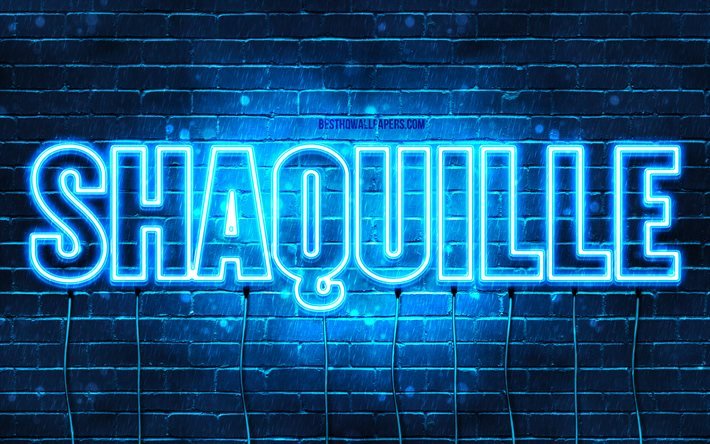 Shaquille, 4k, pap&#233;is de parede com nomes, nome de Shaquille, luzes de n&#233;on azuis, Happy Birthday Shaquille, nomes masculinos &#225;rabes populares, imagem com o nome de Shaquille