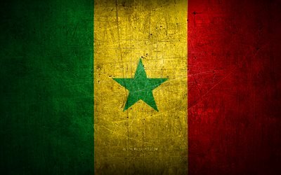 Senegales metallflagga, grungekonst, afrikanska länder, Senegals dag, nationella symboler, Senegals flagga, metallflaggor, Afrika, Senegalesiska flaggan, Senegal