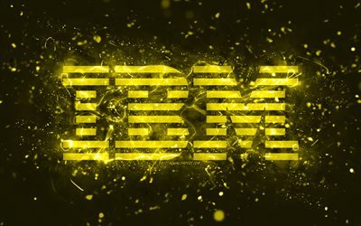 IBM yellow logo, 4k, yellow neon lights, creative, yellow abstract background, IBM logo, brands, IBM