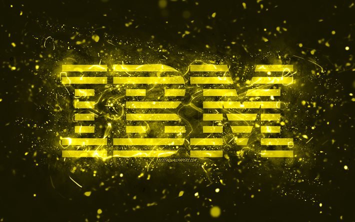 IBM: n keltainen logo, 4k, keltaiset neonvalot, luova, keltainen abstrakti tausta, IBM-logo, tuotemerkit, IBM