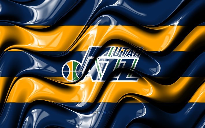 Bandeira do Utah Jazz, 4k, ondas 3D azuis e amarelas, NBA, time americano de basquete, logotipo do Utah Jazz, basquete, Utah Jazz