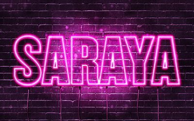 saraya, 4k, hintergrundbilder mit namen, weiblichen namen, saraya-name, lila neonlichter, happy birthday saraya, beliebte arabische frauennamen, bild mit saraya-namen