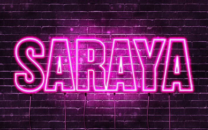 Saraya, 4k, fonds d&#39;&#233;cran avec des noms, noms f&#233;minins, nom Saraya, n&#233;ons violets, joyeux anniversaire Saraya, noms f&#233;minins arabes populaires, photo avec nom Saraya