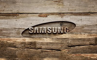 Samsung wooden logo, 4K, wooden backgrounds, brands, Samsung logo, creative, wood carving, Samsung