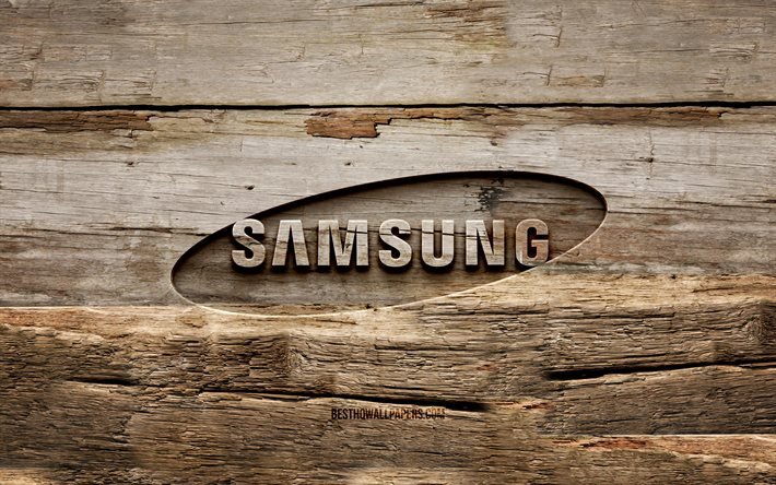 Samsungin puinen logo, 4K, puiset taustat, tuotemerkit, Samsungin logo, luova, puuveistos, Samsung