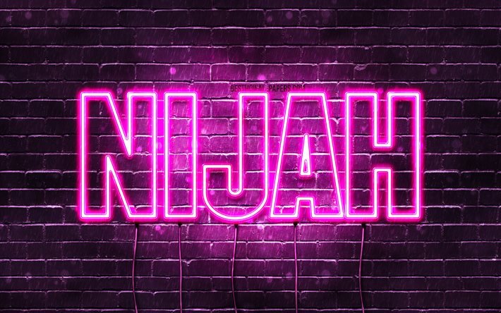Nijah, 4k, fonds d&#39;&#233;cran avec des noms, noms f&#233;minins, nom Nijah, n&#233;ons violets, joyeux anniversaire Nijah, noms f&#233;minins arabes populaires, photo avec le nom Nijah