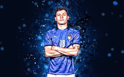 Nicolo Barella, 4k, Italy national football team, soccer, footballers, blue neon lights, Italian football team, Nicolo Barella 4K