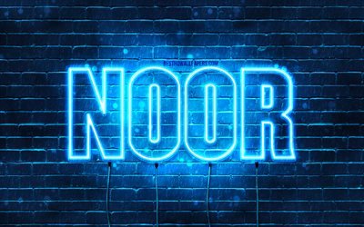 Noor, 4k, wallpapers with names, Noor name, blue neon lights, Happy Birthday Noor, popular arabic male names, picture with Noor name