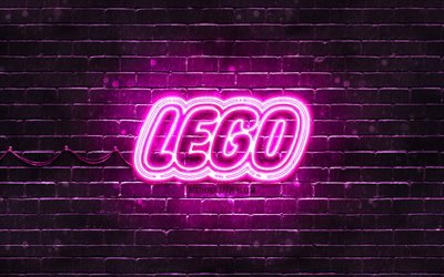 LEGO purple logo, 4k, purple brickwall, LEGO logo, brands, LEGO neon logo, LEGO