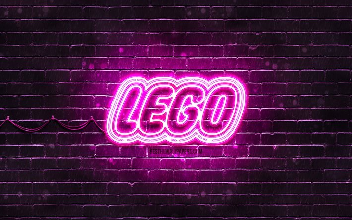 Logo violet LEGO, 4k, mur de briques violet, logo LEGO, marques, logo n&#233;on LEGO, LEGO