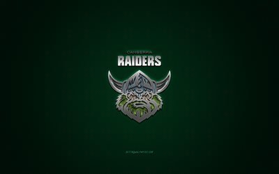 canberra raiders, australischer rugby-club, nrl, gelbes logo, gr&#252;ner kohlefaserhintergrund, national rugby league, rugby, canberra, australien, canberra raiders-logo