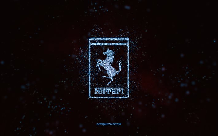 Logo Ferrari glitter, 4k, sfondo nero, logo Ferrari, arte glitter blu, Ferrari, arte creativa, logo Ferrari blu glitter