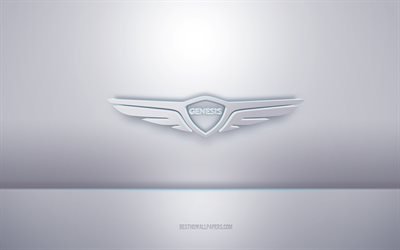 Logotipo do Genesis 3d branco, fundo cinza, logotipo do Genesis, arte criativa em 3D, Genesis, emblema 3D