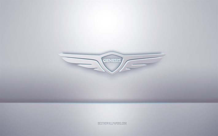 Genesis-3D-valkoinen logo, harmaa tausta, Genesis-logo, luova 3d-taide, Genesis, 3d-tunnus