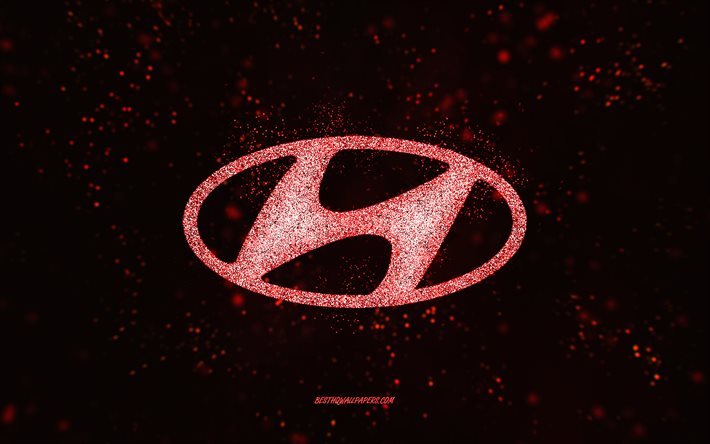 Hyundai glitter logo, 4k, black background, Hyundai logo, orange glitter art, Hyundai, creative art, Hyundai orange glitter logo