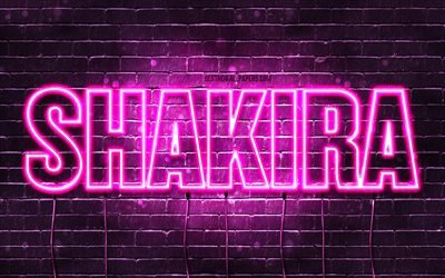Shakira, 4k, wallpapers with names, female names, Shakira name, purple neon lights, Happy Birthday Shakira, popular arabic female names, picture with Shakira name