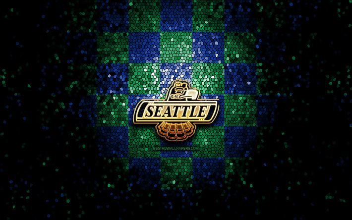 Seattle Thunderbirds, logo paillet&#233;, WHL, fond quadrill&#233; bleu vert, hockey, &#233;quipe canadienne de hockey, logo Seattle Thunderbirds, art de la mosa&#239;que, ligue canadienne de hockey
