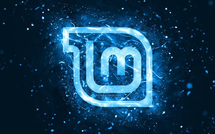 Linux Mint Mate blue logo, 4k, blue neon lights, Linux, creative, blue abstract background, Linux Mint Mate logo, OS, Linux Mint Mate