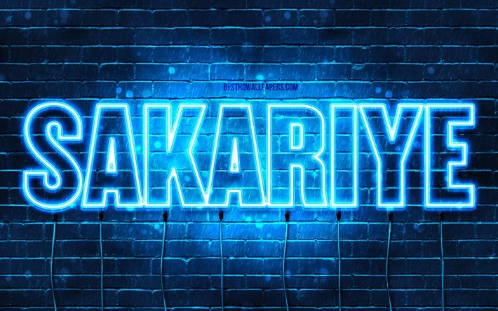 Sakariye, 4k, pap&#233;is de parede com nomes, nome Sakariye, luzes de n&#233;on azuis, Feliz Anivers&#225;rio Sakariye, nomes masculinos &#225;rabes populares, imagem com o nome Sakariye