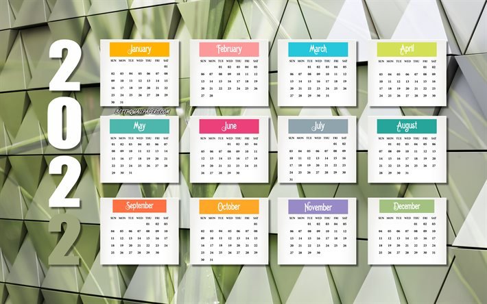 2022年のカレンダー, 3d緑の背景, 2022年全月カレンダー, 緑の3Dモザイク, 2022年のコンセプト, 2022年正月カレンダー