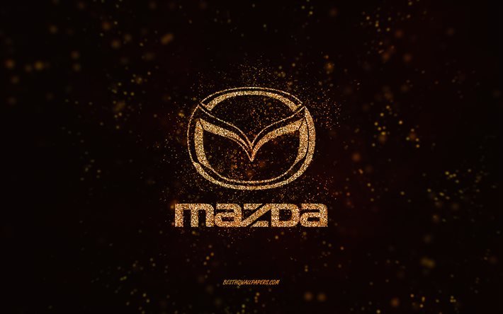 Logotipo com glitter dourados da Mazda, 4k, fundo preto, logotipo da Mazda, arte com glitter dourados, Mazda, arte criativa, logotipo com glitter dourados da Mazda