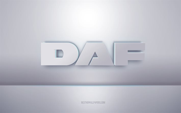 DAF 3d valkoinen logo, harmaa tausta, DAF logo, luova 3d taide, DAF, 3d tunnus