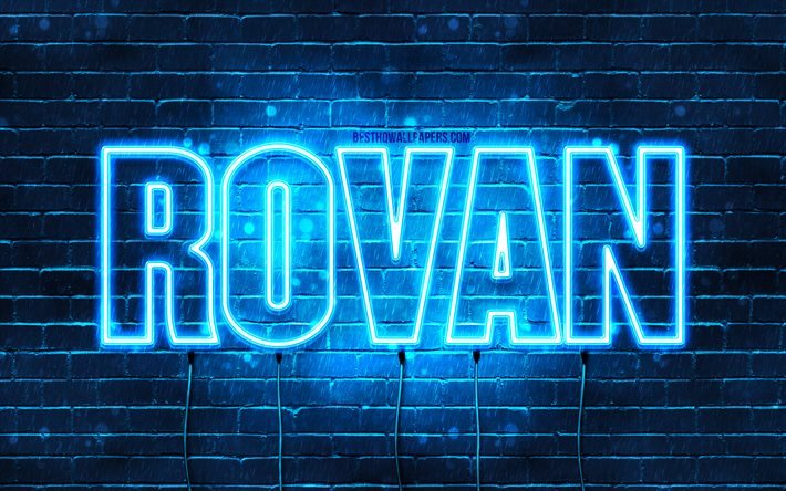 Rovan, 4k, bakgrundsbilder med namn, Rovan namn, bl&#229; neonljus, Grattis p&#229; f&#246;delsedagen Rovan, popul&#228;ra arabiska manliga namn, bild med Rovan namn