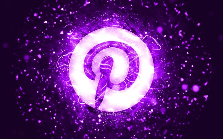 pinterest violettes logo, 4k, violette neonlichter, kreativ, violetter abstrakter hintergrund, pinterest-logo, soziales netzwerk, pinterest