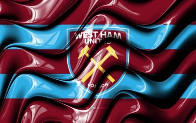 West Ham United -lippu, 4k, violetit ja siniset 3D-aallot, Premier League, englantilainen jalkapalloseura, jalkapallo, West Ham United -logo, West Ham United FC