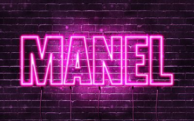 Manel, 4k, bakgrundsbilder med namn, kvinnliga namn, Manel namn, lila neonljus, Grattis p&#229; f&#246;delsedagen Manel, popul&#228;ra arabiska kvinnliga namn, bild med Manel namn