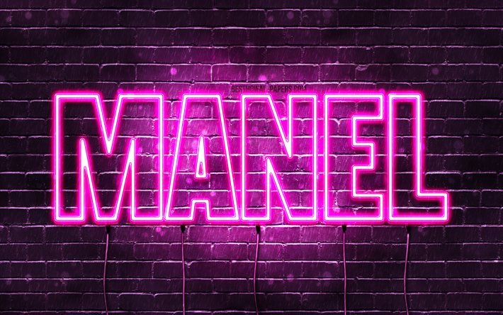 Manel, 4k, pap&#233;is de parede com nomes, nomes femininos, nome Manel, luzes de n&#233;on roxas, Feliz Anivers&#225;rio Manel, nomes femininos &#225;rabes populares, imagem com o nome Manel