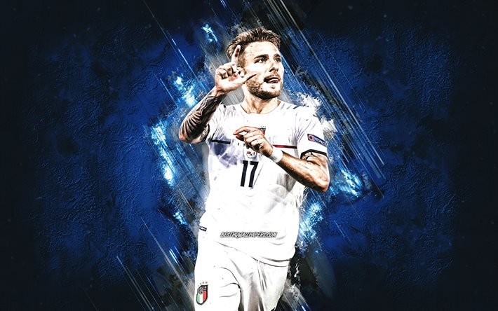 Ciro Immobile, Italy national football team, Italian football player, portrait, blue stone background, grunge art, Italy, football