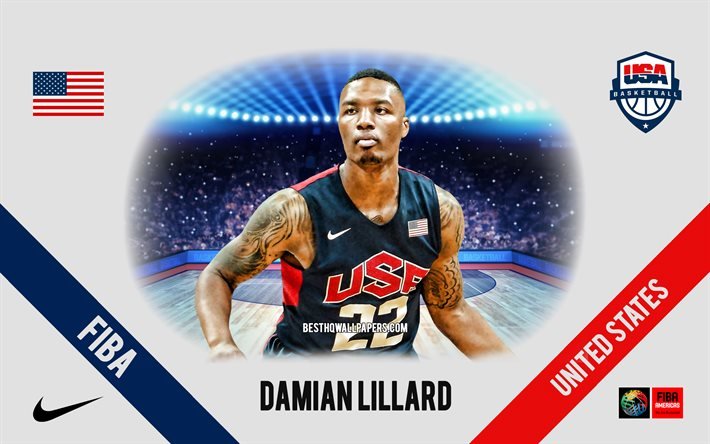 Damian Lillard, &#233;quipe nationale de basket-ball des &#201;tats-Unis, joueur am&#233;ricain de basket-ball, NBA, portrait, &#201;tats-Unis, basket-ball
