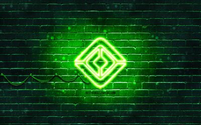 Rivian green logo, 4k, green brickwall, Rivian logo, cars brands, Rivian neon logo, Rivian