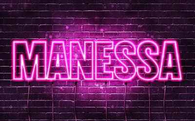Manessa, 4k, wallpapers with names, female names, Manessa name, purple neon lights, Happy Birthday Manessa, popular arabic female names, picture with Manessa name