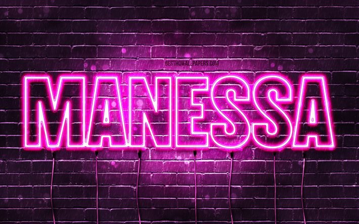 Manessa, 4k, pap&#233;is de parede com nomes, nomes femininos, nome Manessa, luzes de n&#233;on roxas, Happy Birthday Manessa, nomes femininos &#225;rabes populares, imagem com o nome Manessa