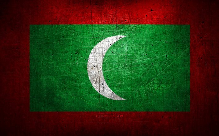 Drapeau des Maldives en m&#233;tal, art grunge, pays asiatiques, Jour des Maldives, symboles nationaux, Drapeau des Maldives, drapeaux en m&#233;tal, Asie, Maldives