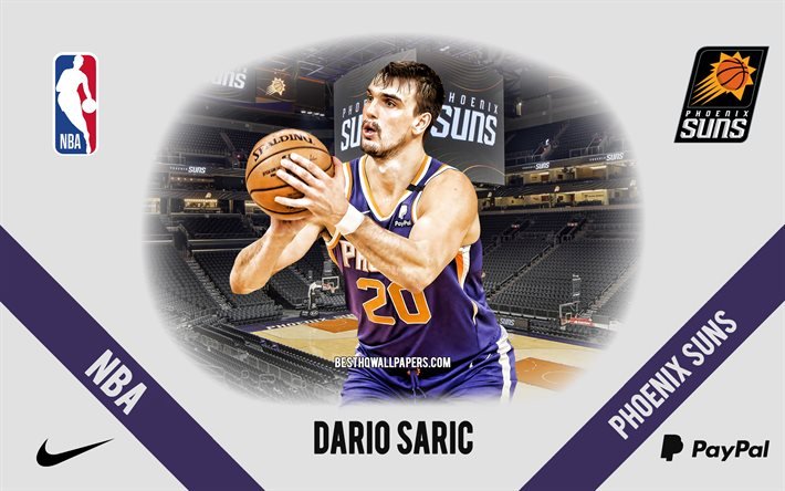 Dario Saric, Phoenix Suns, jogador de basquete croata, NBA, retrato, EUA, basquete, Phoenix Suns Arena, logotipo do Phoenix Suns